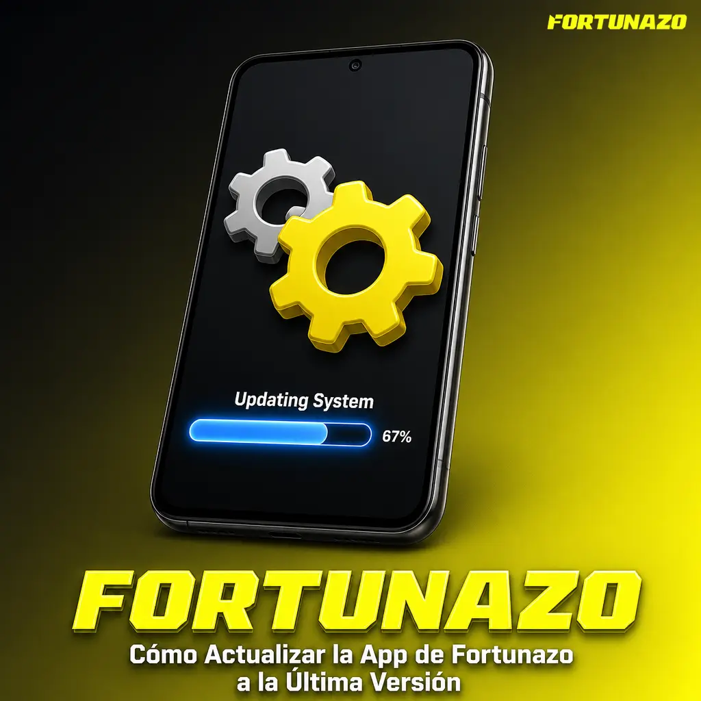 Pantalla de la app Fortunazo mostrando cómo actualizar a la versión 3.2.1 en Android e iOS desde el menú de Ajustes.