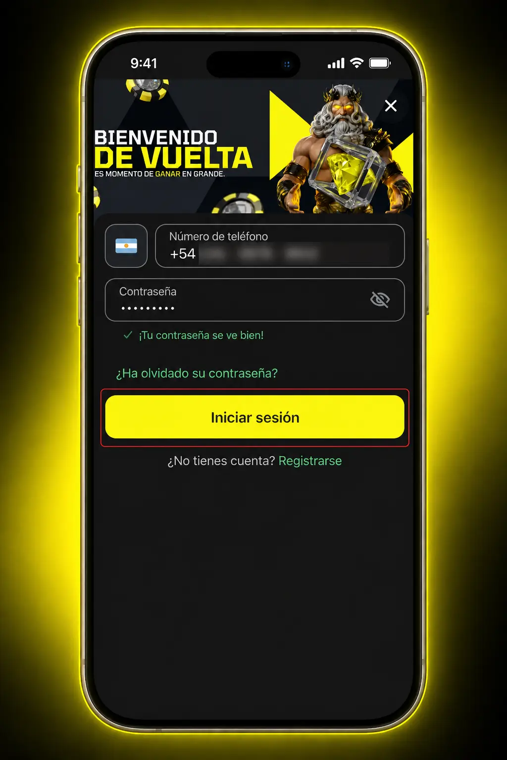 Pantalla de inicio de sesión en la app de Fortunazo mostrando los campos para ingresar correo y contraseña.