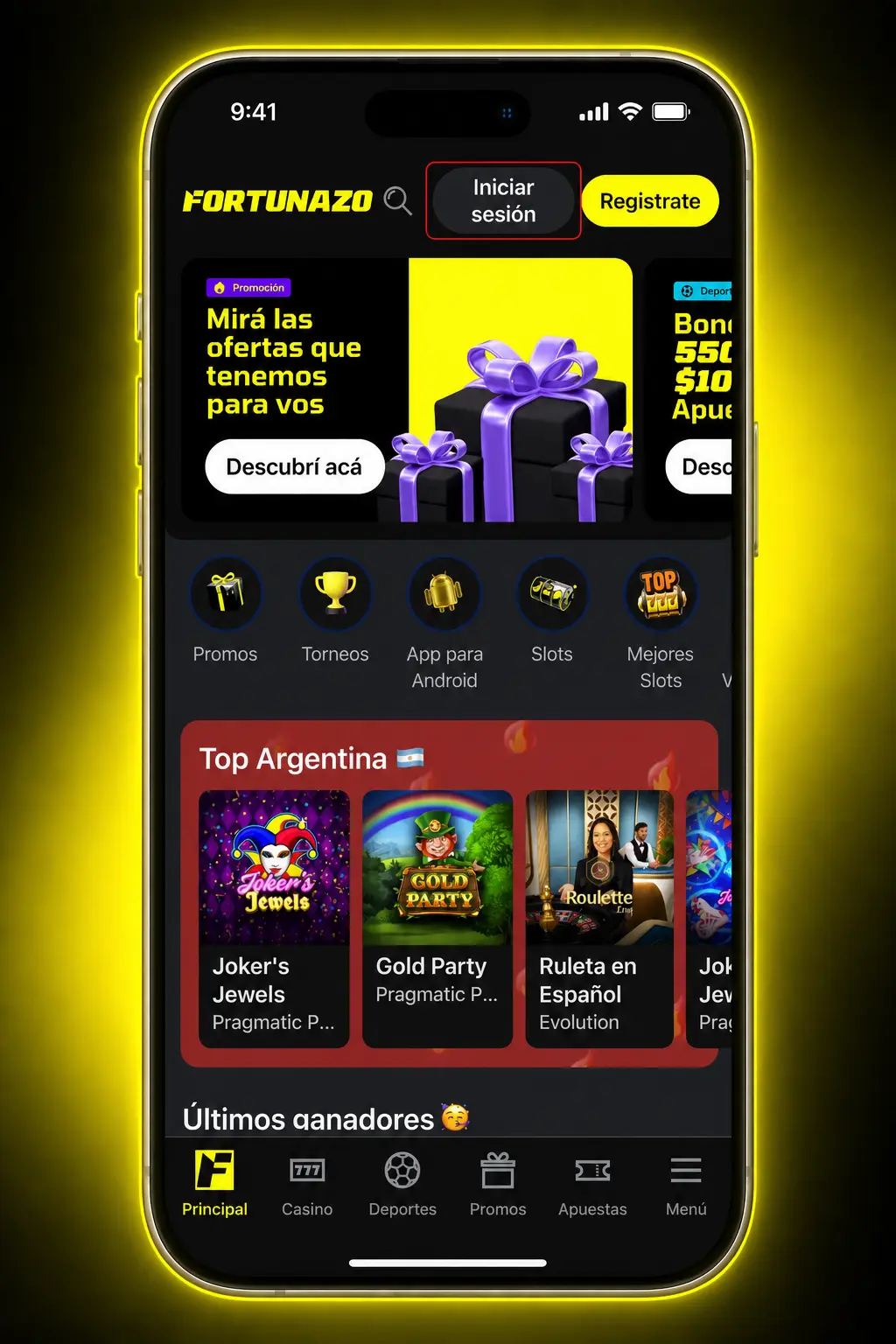 Pantalla de inicio de sesión en la app de Fortunazo con campos para correo o celular y contraseña.