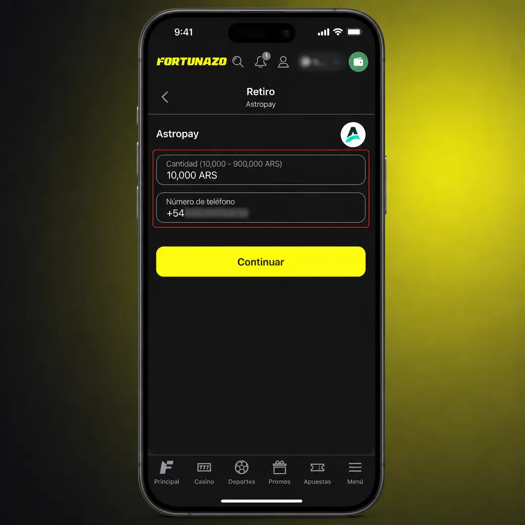 Guía paso a paso para retirar dinero de Fortunazo mediante AstroPay, Binance Pay o transferencia bancaria.