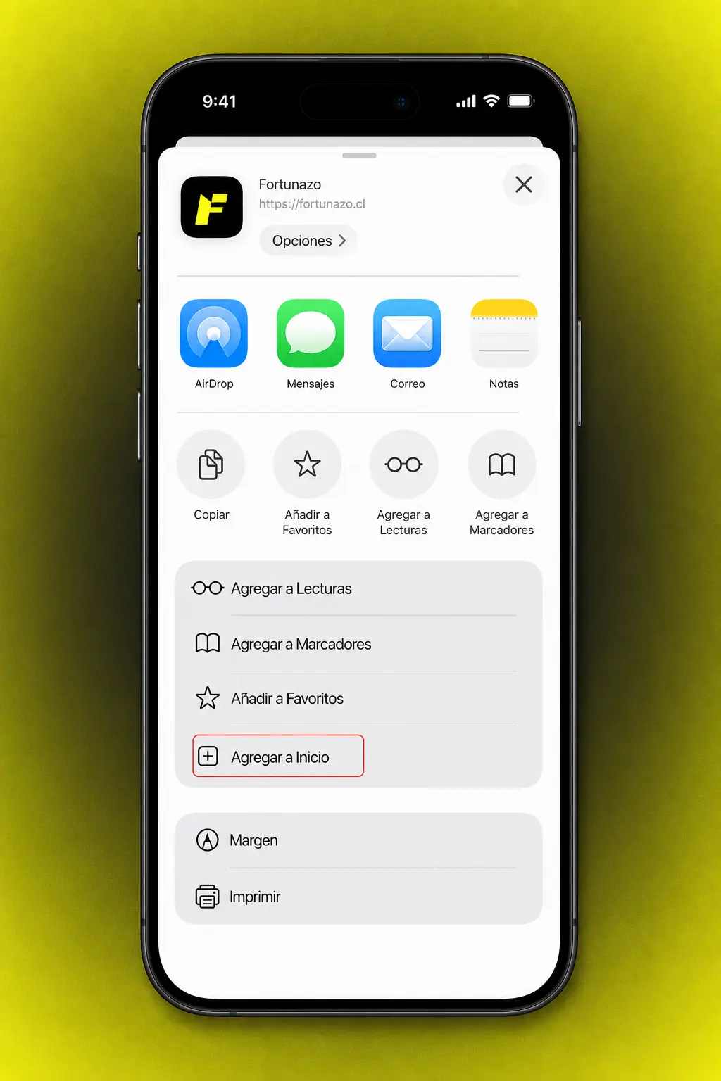 Fortunazo PWA para iPhone y iPad: registro, ícono Compartir y opción Agregar a Pantalla de Inicio en Safari.