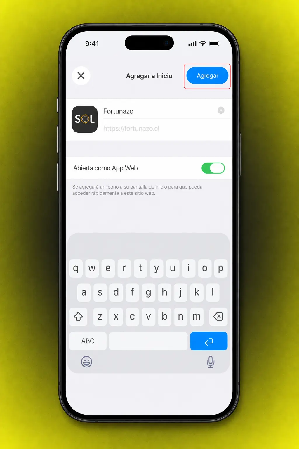 Fortunazo PWA para iPhone y iPad: instalación desde Safari agregando el ícono a la pantalla de inicio.