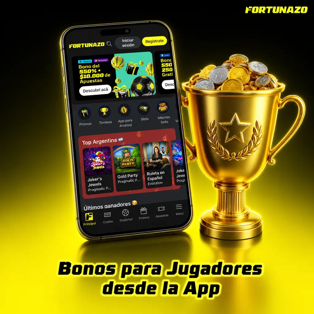 Bonos de bienvenida de Fortunazo disponibles desde la app: casino, deportes y casino en vivo con giros y apuestas gratis.