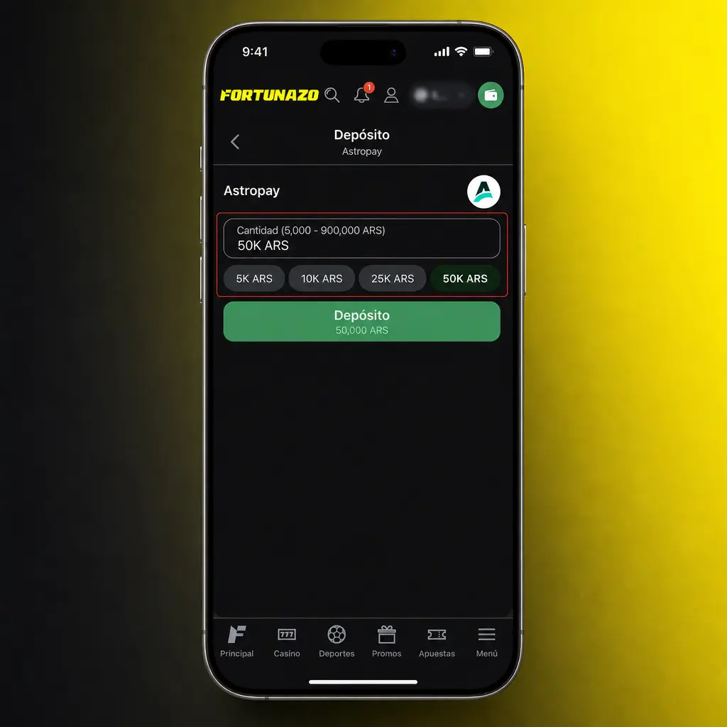 Pasos para depositar fondos en la app Fortunazo: elegí el método de pago, ingresá el monto y confirmá la transacción.