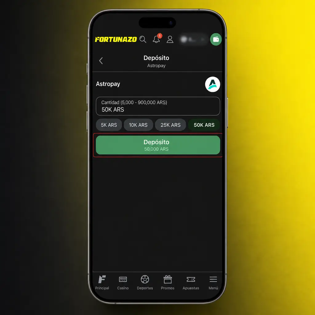 Pasos para depositar fondos en la app Fortunazo: elegí un método de pago, ingresá el monto y confirmá la operación.