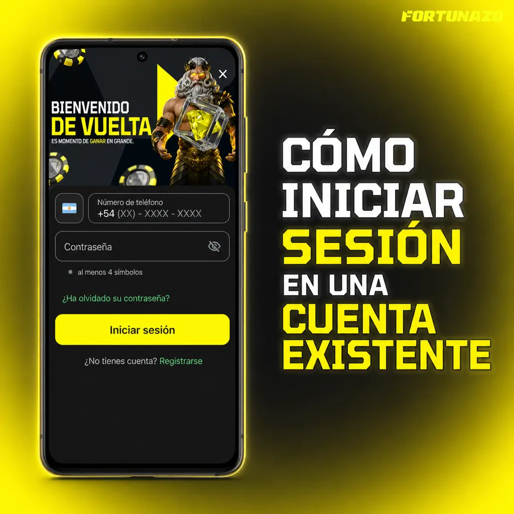 Pantalla de inicio de sesión en la app Fortunazo para acceder con una cuenta existente y continuar apostando.