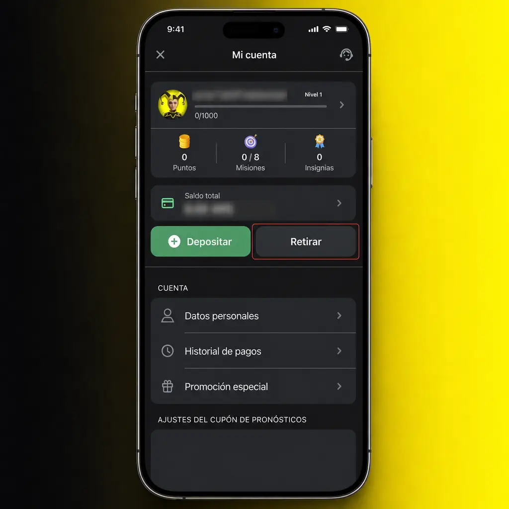 Pasos para retirar fondos en la app Fortunazo: elegí el método, ingresá el monto y verificá tus datos.