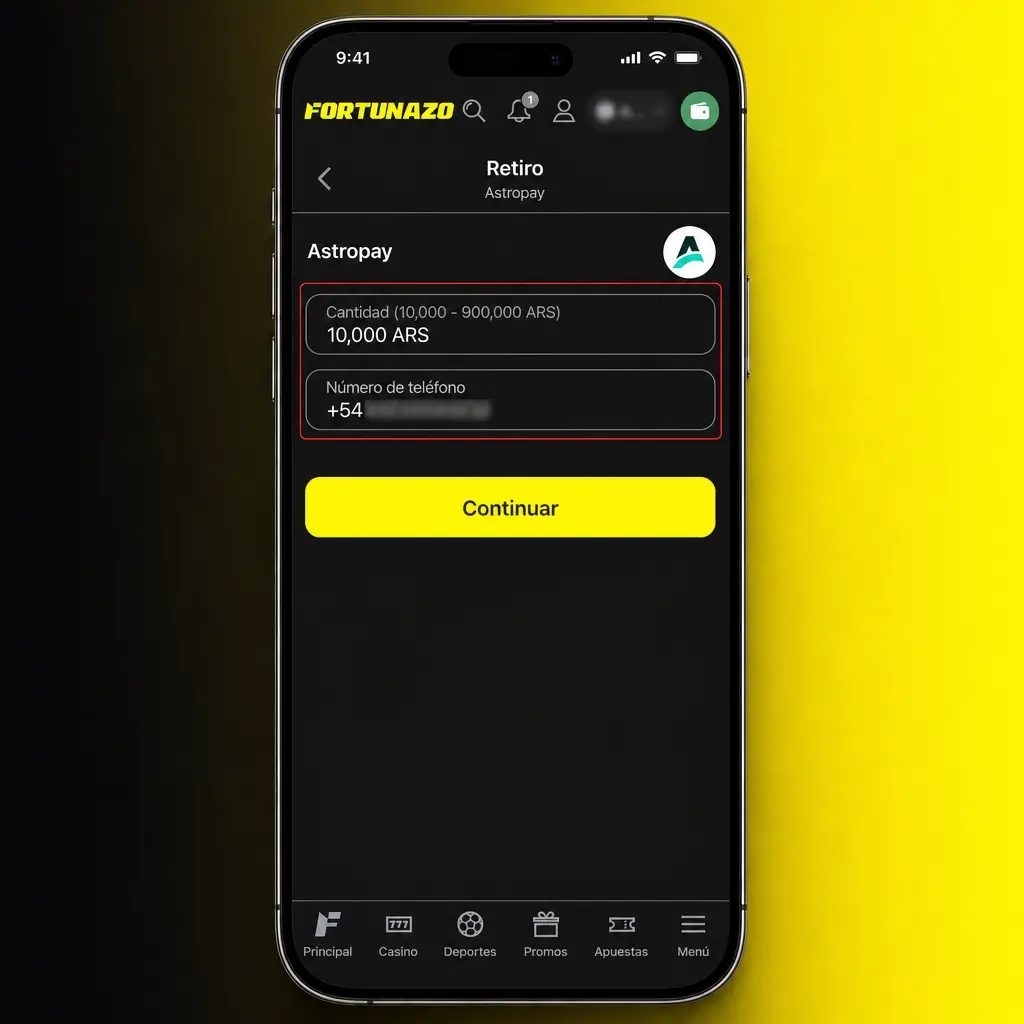 Pasos para retirar fondos en la app Fortunazo: elegí el método, ingresá el monto y verificá tus datos personales.