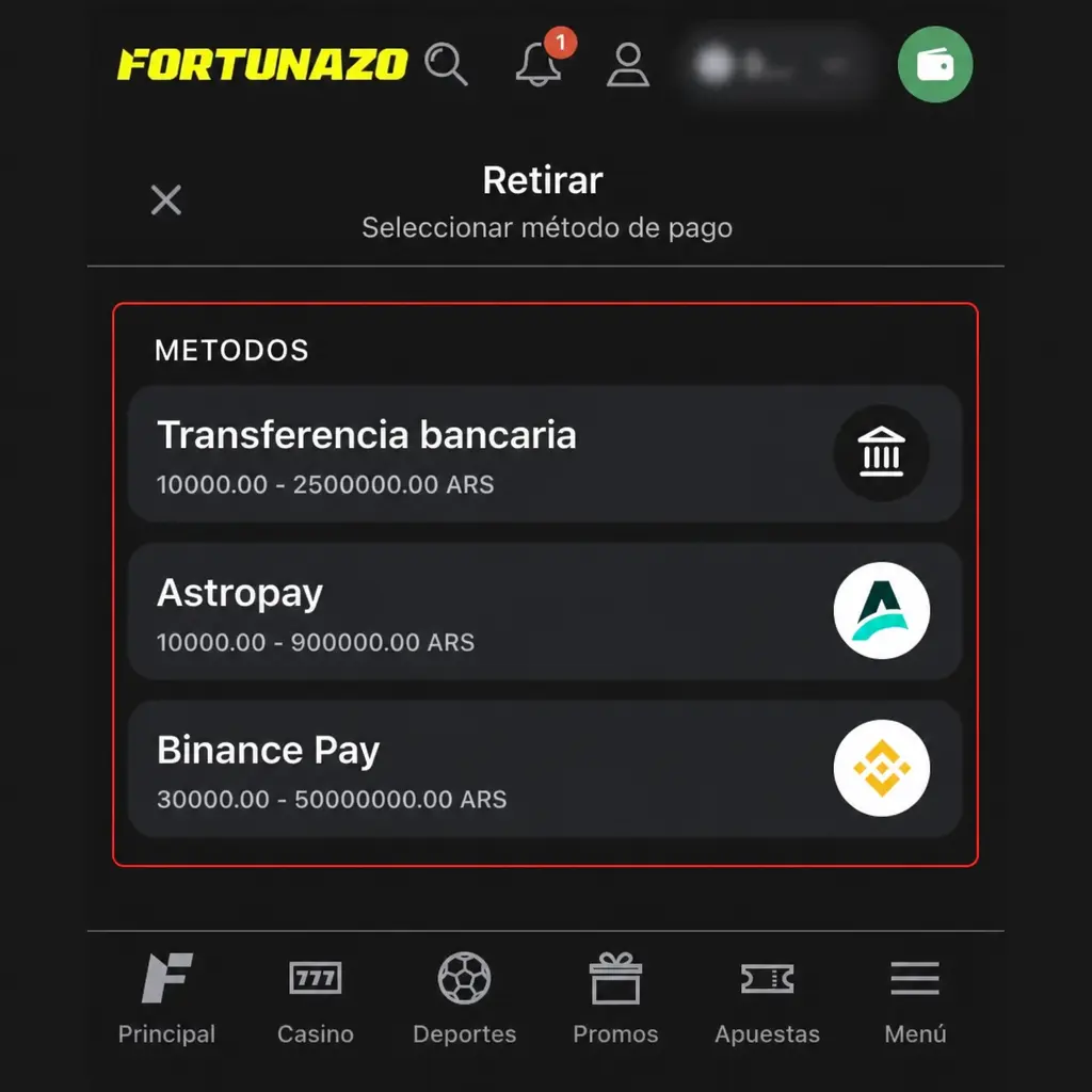 Guía paso a paso para retirar fondos en Fortunazo desde la sección Caja de tu cuenta