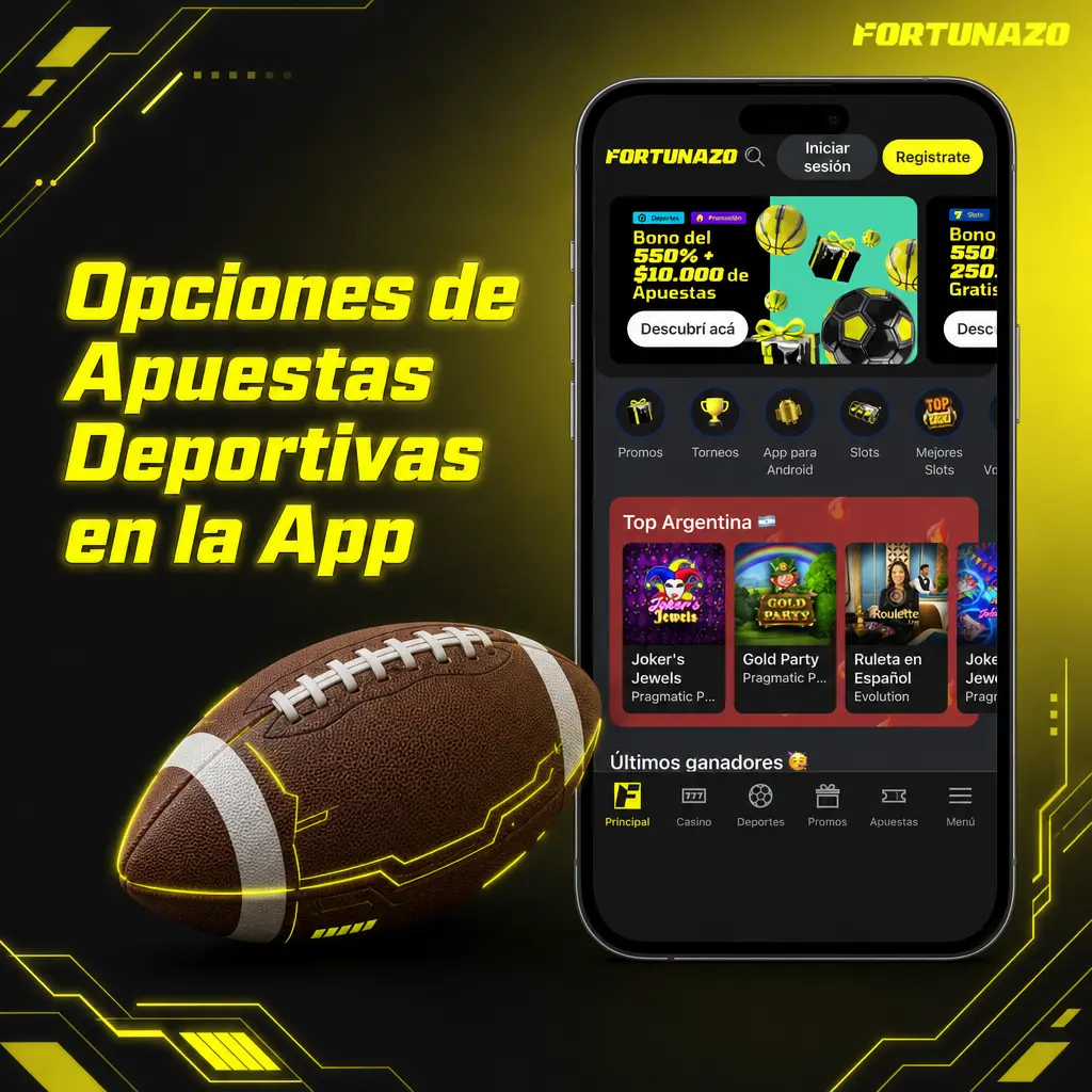 Opciones de apuestas deportivas en la app de Fortunazo: fútbol, tenis, básquet, vóley, boxeo, MMA, Fórmula 1, hockey y eSports.