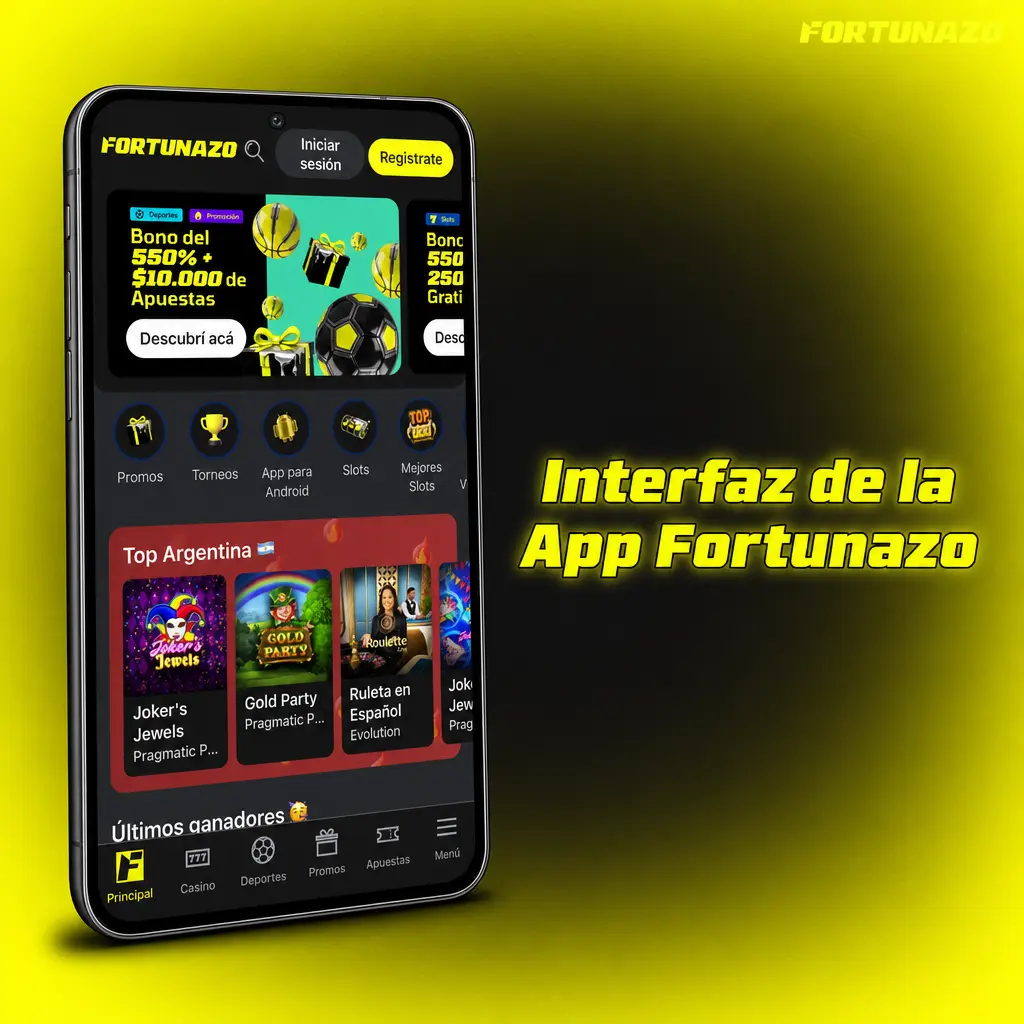 Interfaz de la app Fortunazo con pestañas de Casino, Deportes y Casino en Vivo en negro y amarillo
