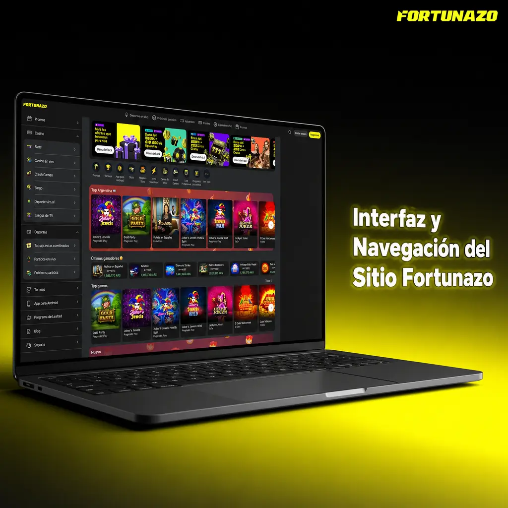 Interfaz de Fortunazo con fondo oscuro y acentos amarillo lima, menú superior y buscador de tragamonedas.