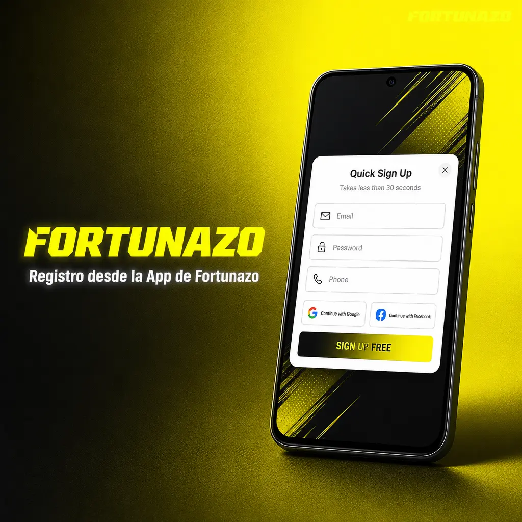 Pantalla de registro en la app de Fortunazo mostrando el botón "Registrarme" para crear una cuenta nueva.
