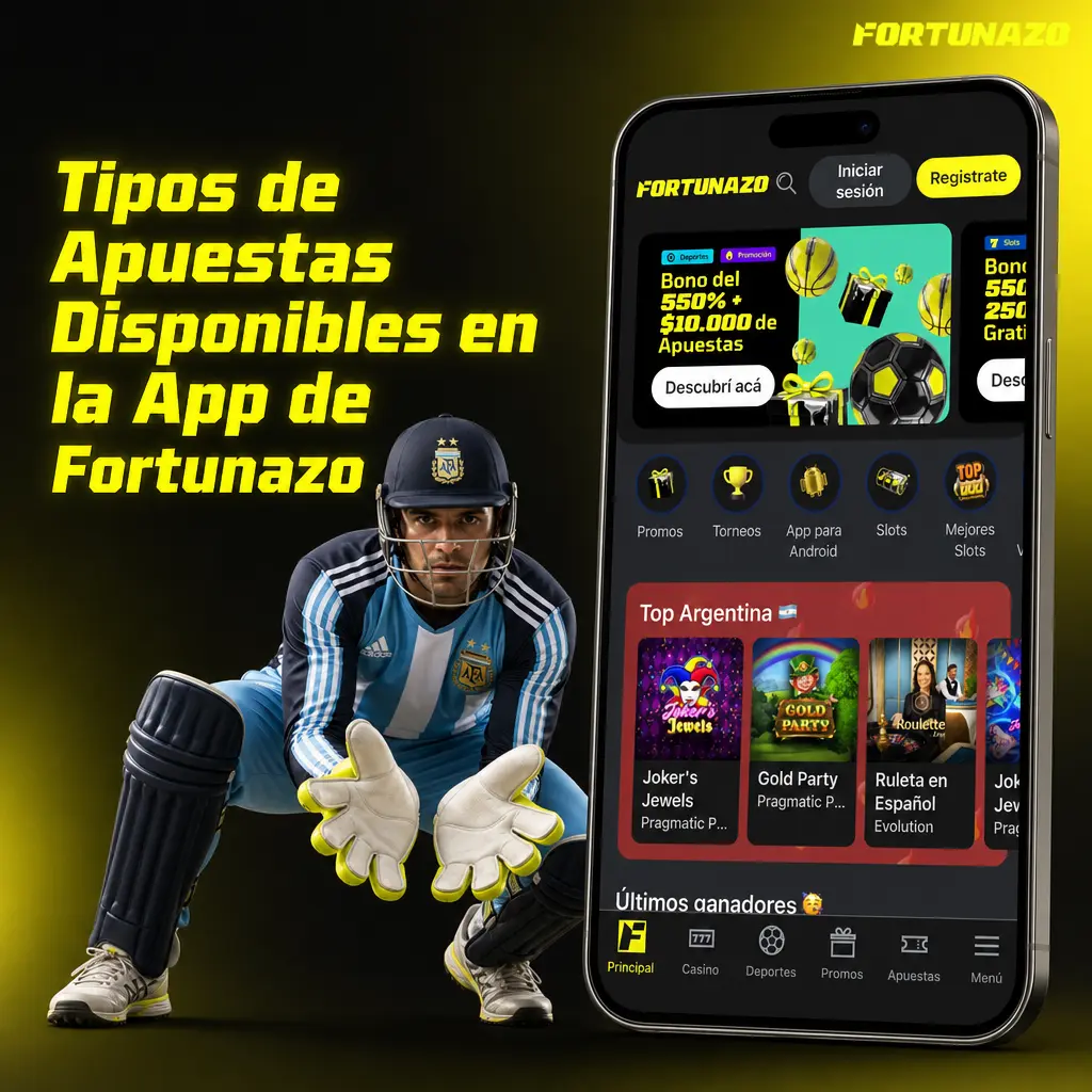Tipos de apuestas en la app de Fortunazo: simple, combinada, sistema, en vivo y Cash Out.