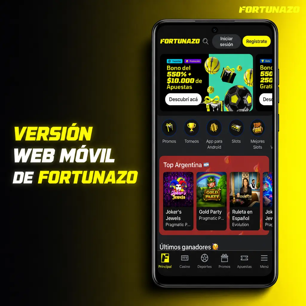 Versión web móvil de Fortunazo, adaptable a cualquier pantalla, con apuestas, casino, caja y soporte sin descargas.